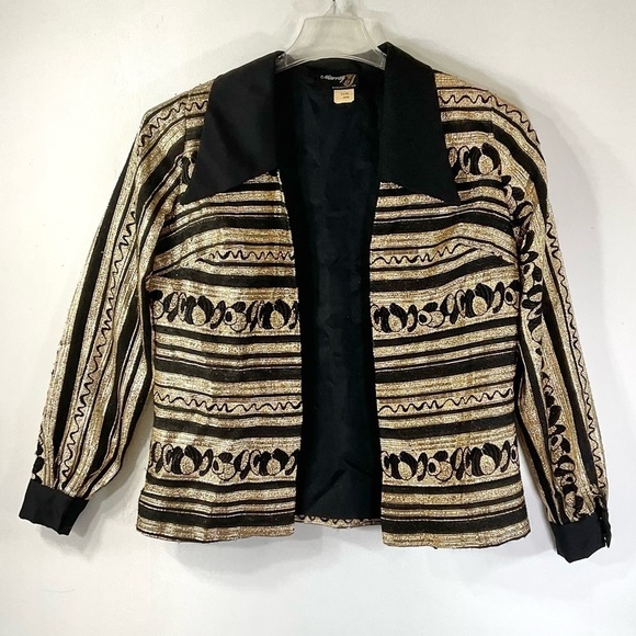 Vintage 70’s Gold Disco Jacket Shirt L Black Big Lapels, Baroque, lamé - Picture 2 of 10